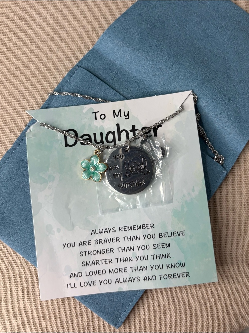 Daughter 'You Are My Sunshine' Silver Necklace with Teal Flower Charm